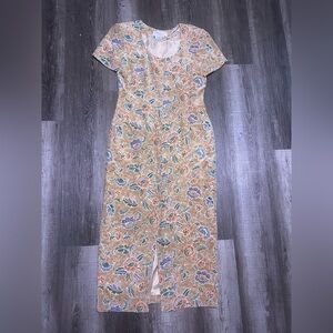 Vintage Maggy London 100% silk Beige Floral Midi Dress front slit cottagecore